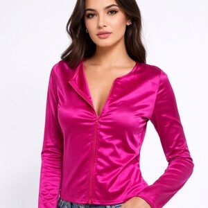NWT Fashion Nova Vibrant Pink Satin Zip-Up Jacket Size S
